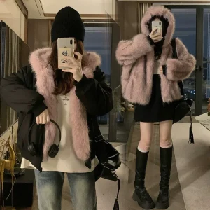 Double Sided Winter Coat Women Clothing Imitation Mink Fur Fur Hooded Cotton Jacket Female Warm Cotton-padded Clothes Outerwea